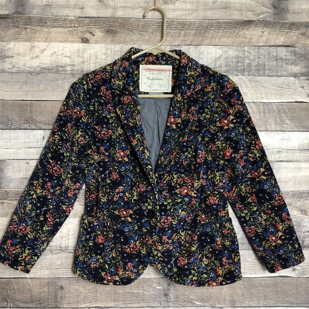 CARTONNIER for ANTHROPOLOGIE Floral Corduroy Blazer Peplum Back  Blue Sz 2